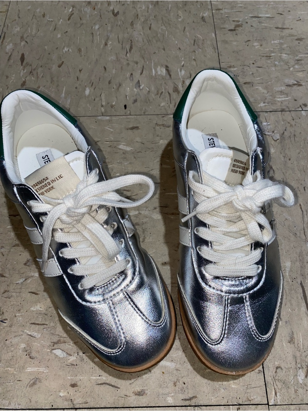 Steve Madden Metallic Silver Sneakers with White Laces and Green Heel